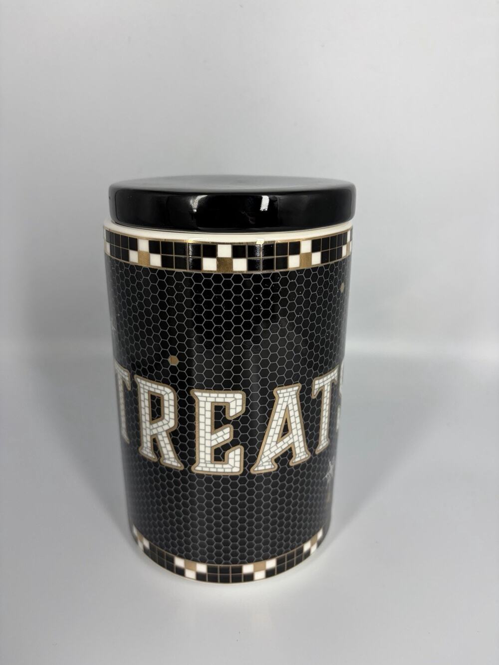 Anthropologie Bistro Tile Stoneware 24k Gold Accent Halloween Small Canister